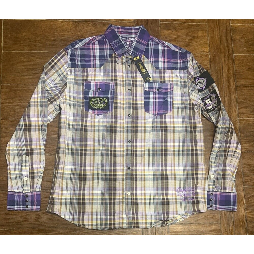 Christian Audigier Men's Plaid Long Sleeve Pearl Button Up Shirt XL NWT Purple